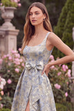 Jacquard Light Blue Square Neck Wedding Guest Dress with Slit