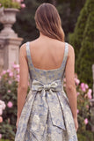 Jacquard Light Blue Square Neck Wedding Guest Dress with Slit