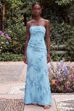 Blue Mermaid Strapless Floral Wedding Guest Dress