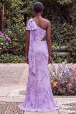Lilac Mermaid One Shoulder Floral Wedding Guest Dress with Sash