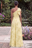 Yellow One Shoulder Floral Wedding Guest Dress with Slit