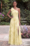 Yellow One Shoulder Floral Wedding Guest Dress with Slit