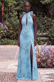 Blue High Neck Floral Keyhole Long Wedding Guest Dress with Slit