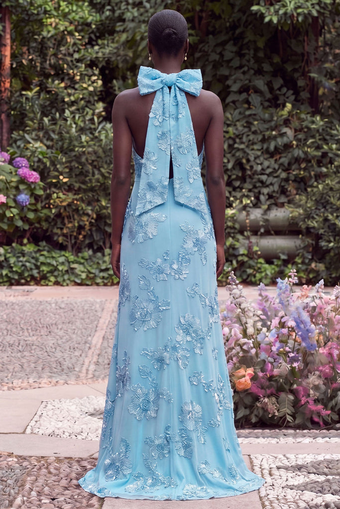 Wedtrend Women Blue Floral Wedding Guest Dress with Slit High Neck A