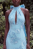 Blue High Neck Floral Keyhole Long Wedding Guest Dress with Slit