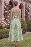 Floral Sage A Line Square Neck Midi Wedding Guest Dress with Sash