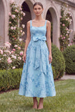 Floral Sage A Line Square Neck Midi Wedding Guest Dress with Sash