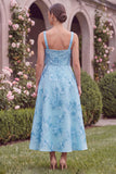 Floral Sage A Line Square Neck Midi Wedding Guest Dress with Sash
