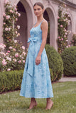 Floral Sage A Line Square Neck Midi Wedding Guest Dress with Sash