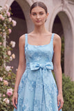 Floral Sage A Line Square Neck Midi Wedding Guest Dress with Sash