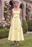 Floral Sage A Line Square Neck Midi Wedding Guest Dress with Sash