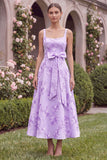 Floral Sage A Line Square Neck Midi Wedding Guest Dress with Sash