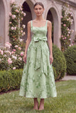 Floral Sage A Line Square Neck Midi Wedding Guest Dress with Sash