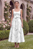 Floral Sage A Line Square Neck Midi Wedding Guest Dress with Sash