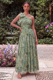 One Shoulder Sage Flower Wedding Guest Dress with Bow