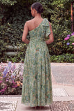 One Shoulder Sage Flower Wedding Guest Dress with Bow