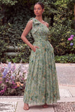 One Shoulder Sage Flower Wedding Guest Dress with Bow