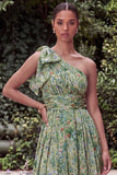 One Shoulder Sage Flower Wedding Guest Dress with Bow