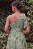 One Shoulder Sage Flower Wedding Guest Dress with Bow