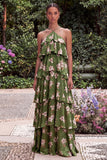 Blue Flower A Line Tiered Long Wedding Guest Dress