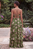 Blue Flower A Line Tiered Long Wedding Guest Dress