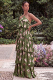Blue Flower A Line Tiered Long Wedding Guest Dress