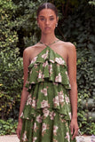 Blue Flower A Line Tiered Long Wedding Guest Dress