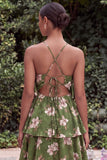 Blue Flower A Line Tiered Long Wedding Guest Dress
