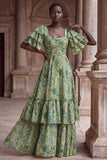 Green Flower A Line Ruched Long Wedding Guest Dress with Flutter Sleeves