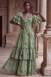 Green Flower A Line Ruched Long Wedding Guest Dress with Flutter Sleeves