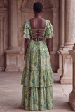 Green Flower A Line Ruched Long Wedding Guest Dress with Flutter Sleeves