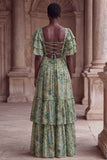 Green Flower A Line Ruched Long Wedding Guest Dress with Flutter Sleeves