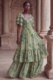 Green Flower A Line Ruched Long Wedding Guest Dress with Flutter Sleeves
