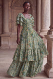 Green Flower A Line Ruched Long Wedding Guest Dress with Flutter Sleeves