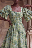 Green Flower A Line Ruched Long Wedding Guest Dress with Flutter Sleeves