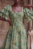 Green Flower A Line Ruched Long Wedding Guest Dress with Flutter Sleeves