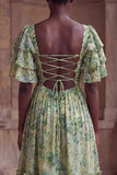 Green Flower A Line Ruched Long Wedding Guest Dress with Flutter Sleeves