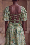 Green Flower A Line Ruched Long Wedding Guest Dress with Flutter Sleeves