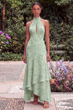 Floral High Neck Keyhole Sage Wedding Guest Dress with Sash