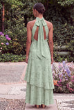 Floral High Neck Keyhole Sage Wedding Guest Dress with Sash