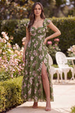 Floral A Line Slit Green Wedding Guest Dress with Ruffle Sleeves
