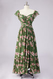 Floral A Line Slit Green Wedding Guest Dress with Ruffle Sleeves