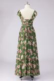 Floral A Line Slit Green Wedding Guest Dress with Ruffle Sleeves