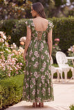 Floral A Line Slit Green Wedding Guest Dress with Ruffle Sleeves