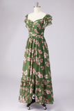 Floral A Line Slit Green Wedding Guest Dress with Ruffle Sleeves