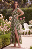 Floral A Line Slit Green Wedding Guest Dress with Ruffle Sleeves
