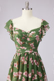 Floral A Line Slit Green Wedding Guest Dress with Ruffle Sleeves