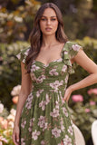Floral A Line Slit Green Wedding Guest Dress with Ruffle Sleeves