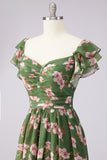 Floral A Line Slit Green Wedding Guest Dress with Ruffle Sleeves
