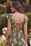 Floral A Line Slit Green Wedding Guest Dress with Ruffle Sleeves